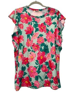 pink & green hibiscus floral print, ruffle sleeve, crew neck blouse! EUC, SMALL!